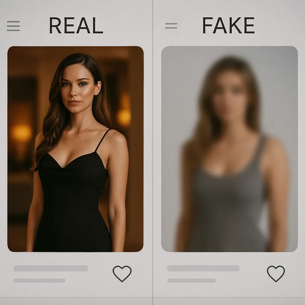 Comparison of a real and fake escort profile showing the difference between authentic and misleading listings, illustrating the importance of booking verified escorts.